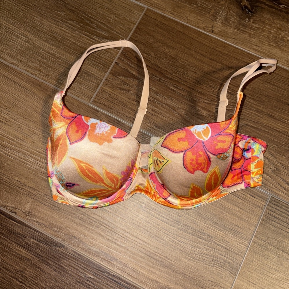 Y2K Victorias Secret Bra 34B Print Neon Nude Floral 2003 Vintage Orange Pink
